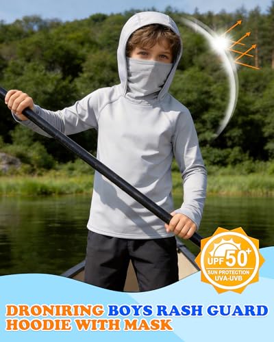 Boys Hooded Fishing Shirt with Mask, Kids UPF 50+ Long Sleeve Rash Guard Hoodie, Sun Protection Beach Swim Shirts - color: Gray, size: X-Small