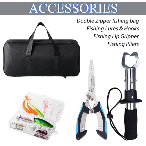 Tripquips Fishing Rod, 2PCS Telescopic Fishing Rod and Reel Combo with Fishing Pliers and Lip Gripper, Pre-Loaded Spinning Reel Combo, Fishing Pole with Carrier Bag Fishing Gear
