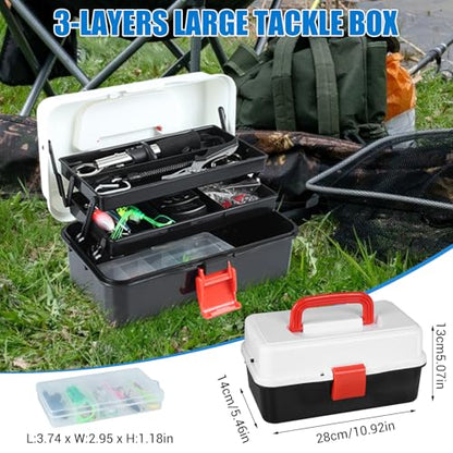 3 Layers Fishing Tackle Box, 213Pcs Fishing Lures Kit with Small Fishing Tool Kit Containing Weights Scale, Lip Clip, Hook Remover, Fishing Accessories, Fishing Gear for Beginners Kids, Men, Adults - color: black