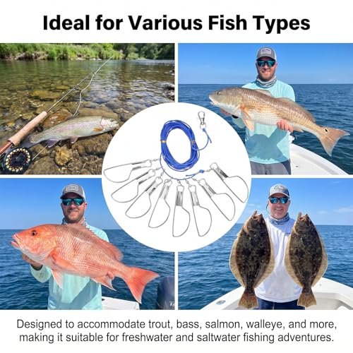 Skrfren Fish Stringer 16.4 ft Fishing Stringer for Caught Fish, Fishs Holder Rope with 8 Rotating Snap Lock and Ground Anchor for Trout Bass Salmon Walleye