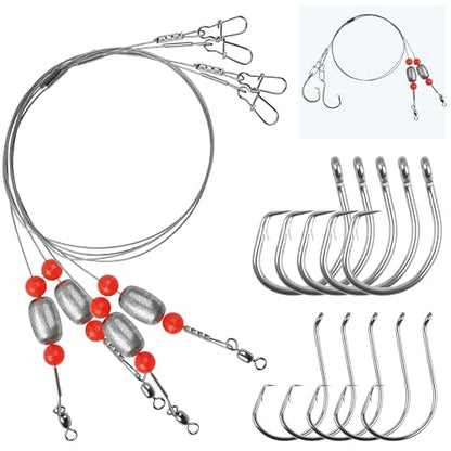 SILANON Pre-Rigged Carolina rig Saltwater Grouper Rig Egg Sinker Flounder Rigs with 10 Circle Hooks Steel Wire Leader for Catfish Snapper Flounder Halibut Redfish Surf Fishing Bottom Rig - size: 1oz Egg sinker Rig(4pcs)+Circle hooks(10pcs)