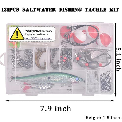 Saltwater Fishing Tackle Kit,131pcs Surf Fishing Gear with Saltwater Fishing Lures Fish Finder Rigs Pyramid Sinkers Hooks Swivels Wire Leaders Spoon Lure Bobbers Various Accessories