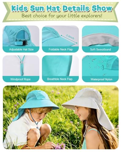 Rosoz Kids Sun Hat with Neck Flap UV Protection Summer Toddler Beach Hat Unisex Ponytail Hat Wide Brim Fishing Hat - color: Blue+lake Blue
