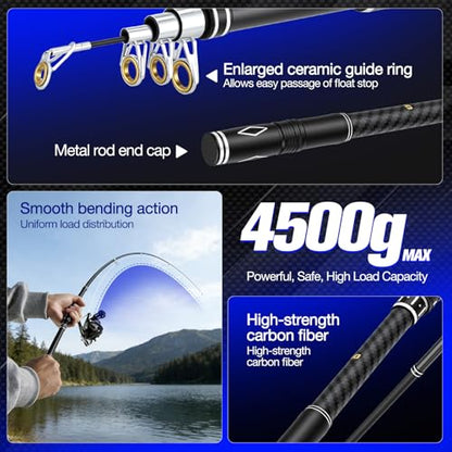 2PCS Telescopic Fishing Rod and Reel Combo Sets, Collapsible Fishing Pole Set with 2 Carbon Fiber Fishing Poles, 13BB Pre‑Spooled Spinning Reels, Saltwater Fishing Rod for Adults and Beginners