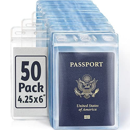 EcoEarth 4x6 Inch Passport & Card Holders with Soft Edge (Clear, 50 PK) - Extra Large (XXL) Vertical ID Holder - Resealable and Waterproof Identification Name Card Holder | EcoEarth clear plastic waterproof passport holder with soft edge and zipper seal,
