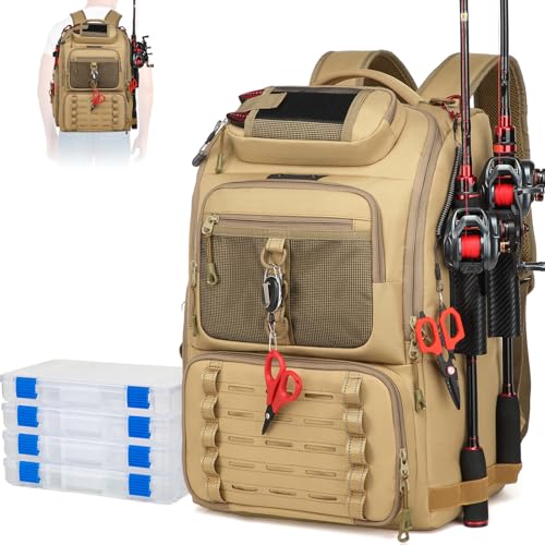 Fishing Tackle Backpack, 40L Tackle Bag with 2 Rod Holders & 4 Tackle Boxes,Water-Resistant Large Storage Fishing Gear and Equipment, Fisher Gifts for Men, Khaki - color: B-Khaki with 4 Tackle Boxes