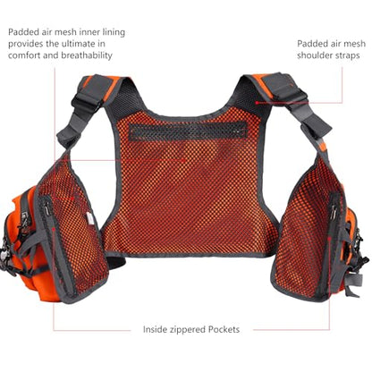 BASSDASH FV08 Ultra Lightweight Fly Fishing Vest for Men and Women Portable Chest Pack - color: Orange