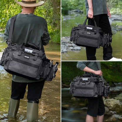 Goture Fishing Tackle Bag with 4pcs 3600 Tackle Boxes, 600D Water-Resistant Soft Side Saltwater Gear Storage Fishing Bag with Rod Straps, Detachable Water Bottle Pouch, Waterproof Bottom, SBS Zippers - color: C2:Black with 4 3600 Tackle Boxes, size: Large