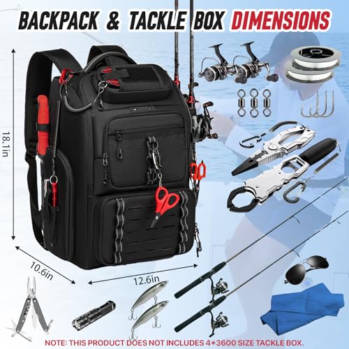 Fishing Tackle Backpack,40L Tackle Bag with 2 Rod Holders,Water-Resistant Large Storage Fishing Gear and Equipment(Black) - color: B-Black(Without tackle box)