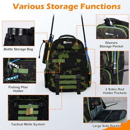 AYAMAYA 45L Fishing Backpack with 4 Tackle Boxes, Large Tackle Backpack with Rod Holders, Rubber Feet, Outdoor Multifunctional Fishing Bag Gear & Equipment for Camping, Hiking - color: Camo, 4 Tackle Boxes
