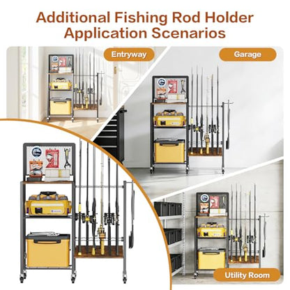 Olakee Fishing Rod Holders, Rolling Fishing Rod Rack for Garage & Boat, Tackle Box & Reel Holder Cart, Easy Assembly Fishing Gear Management System, Ideal Birthday Gift for Men Dad Anglers - color: 12 Rods,Brown