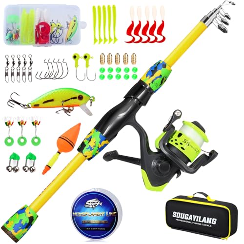 Kids Fishing Rod and Reel Combo,Light Weight Fishing Pole with Spinning Fishing Reel Tackle Bag Lures for Youth,Girls and Boys Good Starter Fishing Kit - color: Yellow