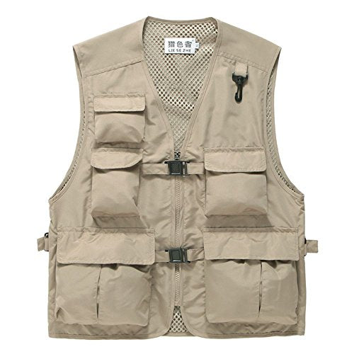 Unisex Breathable Fishing Vest, Multi-Pockets Photography Travel Hunting Waistcoat Jacket for Adults and Youth - color: Khaki, size: XX-Large
