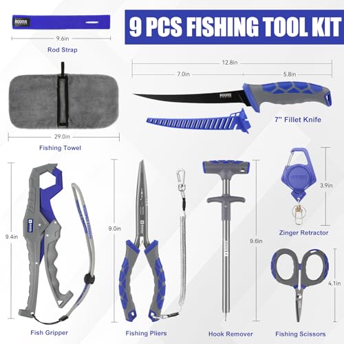 Booms Fishing Gear and Equiment: 9pcs Fishing Tool kit - 7" Fillet Knife, 9" Needle Nose Pliers, Digital Fish Scale with Gripper, Dehooker, Scissors, Towel, Retractor and 2 lanyard for Saltwater, XT05