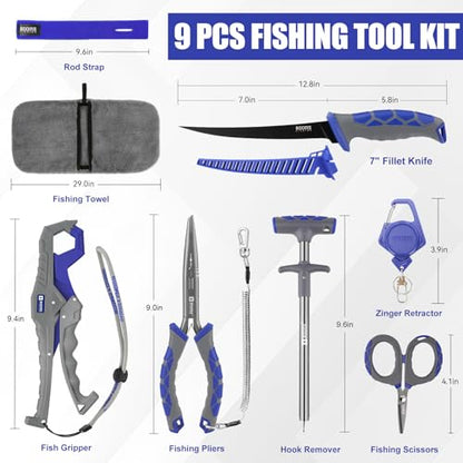 Booms Fishing Gear and Equiment: 9pcs Fishing Tool kit - 7" Fillet Knife, 9" Needle Nose Pliers, Digital Fish Scale with Gripper, Dehooker, Scissors, Towel, Retractor and 2 lanyard for Saltwater, XT05