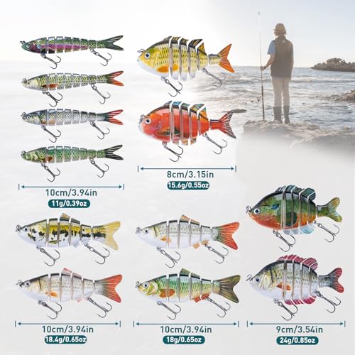 Goture Bass Fishing Lures, Lifelike Jointed Swimbait for Bass Trout Walleye Crappie Pike, Slow Sinking Segment Swimming Bait Fishing Lures for Freshwater and Saltwater, Gifts for Men - color: E3:12pcs Bass Lures with 40pcs Snaps