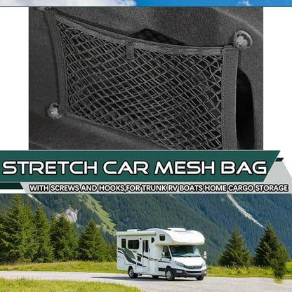 JINGKE 2 Pcs Small Cargo Net Pocket Elastic Mesh Netting Car Mesh Pouch with Screws and Hooks for Trunk RV Boats Home Cargo Storage (21.7'' x 9.8'') - size: 21.7'' x 9.8''