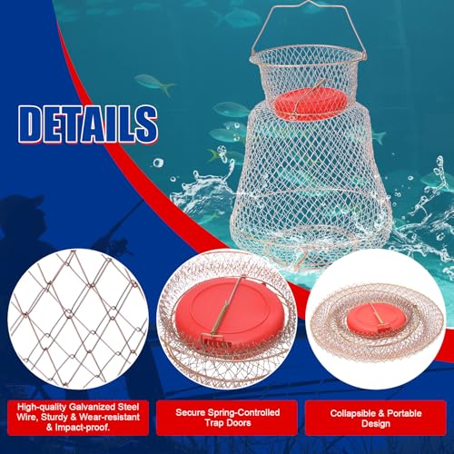 NYXOVA 2 Pack Floatable Galvanized Steel Wire Fish Basket, Portable Fishing Basket Fishing Net Cage, Durable Collapsible Fishing Net, Easy to Use