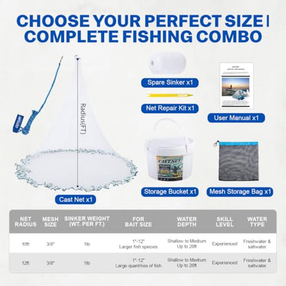 Goture American Fishing Cast Net Saltwater Freshwater,3/8in Mesh Size Casting Net for Bait Fish Shrimp Trap,Heavy Duty Plastic Coated Iron Protected White Sinker,Throw Cast Net with Needle - color: A2:Cast Net with 1PC Spare Sinker, size: 12FT Radius