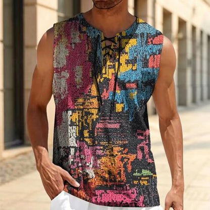 MARSVOVO Mens Print V-Neck Tank Tops Casual Lace-Up Loose Fit Graphic Vest Lightweight Breathable Sleeveless Shirts - color: Pattern R, size: Large