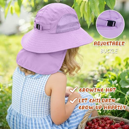 Outdoor Kids Sun Hats with Neck Flap Boys Girls Wide Brim UPF 50+ UV Protection Children Bucket Hat Safari Hat - color: 1pack-purple