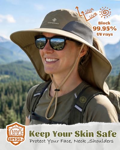 Camptrace Sun Hats for Women Men UPF 50+ UV Protection Wide Brim Hiking Fishing Hat with Neck Flap - color: 08-dark Khaki