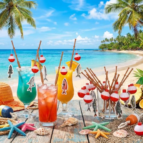 Reallnaive 24 Pcs Fishing Float Cupcake Toppers Fisherman Pole Picks Party Supplies Bulk, 3D Fish Bobber Push Button Round Buoy Floats for Fishing Birthday Party Decorations (Bobber, Fish) - style: Bobber, Fish