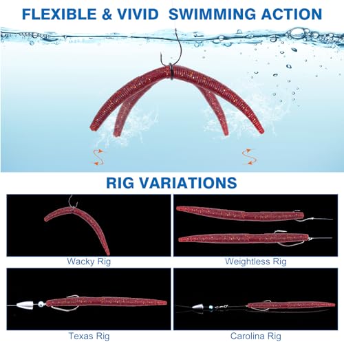 Goture Wacky Worm Fishing Lure Kit with Soft Plastics, Wacky Rig Tools, O-Rings, Worm & Drop Shot Hooks, Beads, Weights & Tackle Box - color: F:208pcs-(5" Soft Worm)&Tackle Box