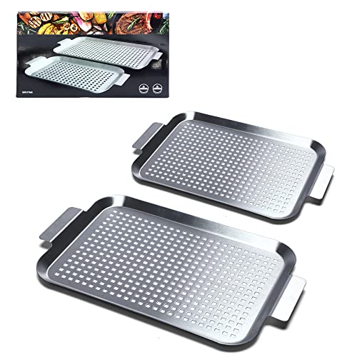 Grill Pan Set of 2, BBQ Grill Topper for Outdoor Grill, Stainless Steel Grilling Baskets with Holes and Handles, Perforated Food Tray Barbecue Accessories for Vegetable, Fish, Meat, Seafood