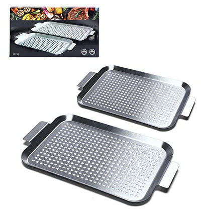 Grill Pan Set of 2, BBQ Grill Topper for Outdoor Grill, Stainless Steel Grilling Baskets with Holes and Handles, Perforated Food Tray Barbecue Accessories for Vegetable, Fish, Meat, Seafood