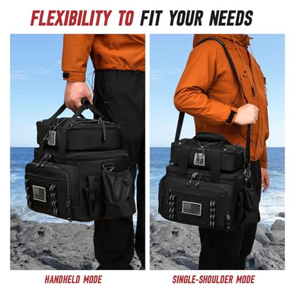 Fishing Tackle Bag, Equipped With 4 Tackle Boxes and Detachable Reel Storage Pouch, Waterproof Fishing Gear Organizer, Adjustable Shoulder Strap Fishing Bags for Saltwater & Freshwater - color: Black-4 Tackle Boxes