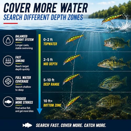 5PCS Sinking Jerkbait Fishing Lures, Long Casting Minnow Hard Baits with Realistic Swimming Action, Freshwater Fishing Lure Set for Bass, Trout, Walleye and Pike - size: 4.12"