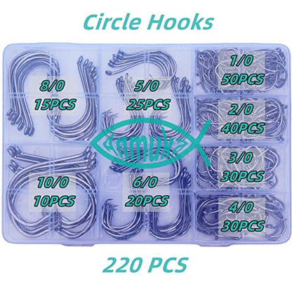 Circle Hooks Fishing Hooks 2X Strong 170PCS/Box|220PCS/Box Octopus Catfish Fish Bulk Fishing Hooks Set Saltwater Freshwater Gear Equipment#1 1/0 2/0 3/0 4/0 5/0 6/0 8/0 10/0 - color: BLACK-220PCS-Bigger