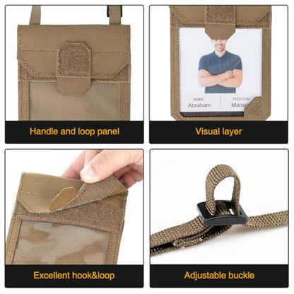 IDOGEAR Tactical ID Card Holder Visual Surface EDC Pouch with Zipper Pocket Badge Holders Credit Card Organizer Holster Neck Lanyard Hanging Hook and Loop Closure Pouches - color: Coyote Brown