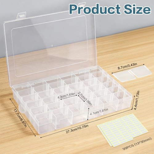 DILIBRA 2 Pack 36 Grids Large Plastic Organizer Box with Adjustable Dividers, Clear Craft Organizers Bead Organizers with Label Stickers, Compartment Container for Beads Crafts Jewelry Fishing Tackles - size: 2 Pack 72 Grids