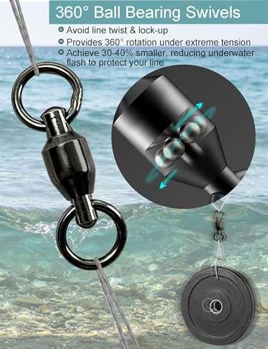 Avlcoaky Ball Bearing Swivel Fishing Swivels 46pcs/Box Heavy Duty Saltwater Swivels Stainless Steel Swivel Connectors Black Nickel Finish Trolling Swivels Terminal Tackle Barrel Swivel
