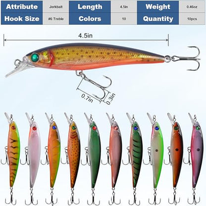 Jerkbait Minnow Fishing Lures Bass, Jerk Bait Bass Bait for Walleye Trout Pike Freshwater Surf Saltwater Fishing Lures - style: B-10pcs-4.5in/0.46oz
