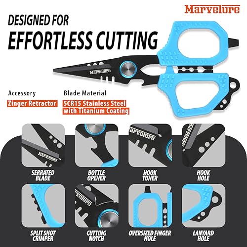 Pro Fishing Shears 4.7'' (12 cm), Dual Serrated Blades, Titanium-Coated Braided Line Scissors with Non-Slip Grip & Multifunction Tool, Includes Zinger Retractor (Blue, 4.7'' (12 cm)) - color: Blue