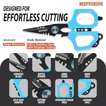 Pro Fishing Shears 4.7'' (12 cm), Dual Serrated Blades, Titanium-Coated Braided Line Scissors with Non-Slip Grip & Multifunction Tool, Includes Zinger Retractor (Blue, 4.7'' (12 cm)) - color: Blue