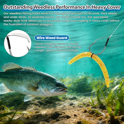 40PCS Weedless Wacky Rig Hooks - Dragon Scale Shank Bass Hooks for Wacky Rig Tool - High Carbon Steel Worm Hooks with Weed Guard for Freshwater Saltwater - Sizes 1# 2# 3# 1/0 2/0 3/0 - size: mix