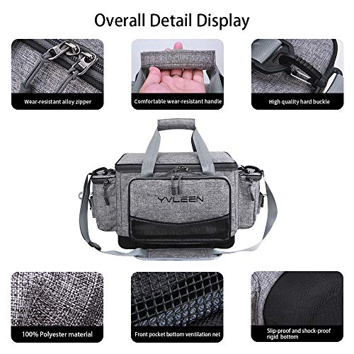 YVLEEN Fishing Tackle Box Bag - Outdoor Large Fishing Tackle Storage Bag - 100% Water-Resistant Polyester Material - Fishing Tackle Bags - Suitable for 3600 3700 Tackle Box - color: A:Large(14.9” x 9.1” x 10.2”Without Trays)Silver Grey
