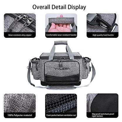 YVLEEN Fishing Tackle Box Bag - Outdoor Large Fishing Tackle Storage Bag - 100% Water-Resistant Polyester Material - Fishing Tackle Bags - Suitable for 3600 3700 Tackle Box - color: A:Large(14.9” x 9.1” x 10.2”Without Trays)Silver Grey