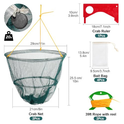 DONQL Double Ring Crab Trap, Small Collapsible Crab Nets with 39ft Rope, Built‑in Weight, Bait Bag, Ruler, Portable Crabbing Equipment Pots for Dock & Pier Crabbing Blue Crabs Dungeness Rock
