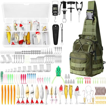 Gemscream 393 Pcs Fishing Tool Kit Fishing Backpack with Tackle Boxes Included Pliers Gear and Equipment Bait Rigs Fish Lip Gripper Lure Gear Kit Fish Hooks Remover Tools - color: Army Green