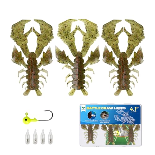 4.1" Crawfish Lure for Bass Fishing, Soft Plastic Craw Bait Kit with Removable Rattles & Jig Head, Reusable Bait Box for Freshwater Bass - color: green