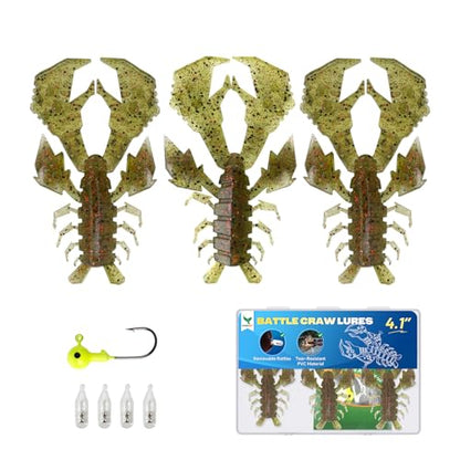 4.1" Crawfish Lure for Bass Fishing, Soft Plastic Craw Bait Kit with Removable Rattles & Jig Head, Reusable Bait Box for Freshwater Bass - color: green
