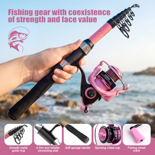 Fishing Rod and Reel Combo,2 Pcs 2.1M Telescoping Fishing Rod with Carrier Bag,Spinning Reels,2 Lines,Lures Baits,Suitable for Beginners Fishing Gifts for Men Women Saltwater Freshwater