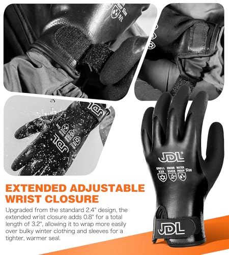 JDL 100% Waterproof Winter Work Gloves for Men & Women, Thermal Insulated Freezer Gloves for Cold Weather, Super Grip Palm, Carbon Black, Large, X-Large