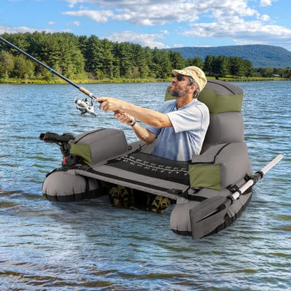 GYMAX Fishing Float Tube, 350LBS Inflatable Belly Boat with Oar, Flippers, Rod Holder, Fish Ruler, Hand Pump & Zipper Storage, Portable Backpack Float Tubes for Fishing - color: Gray+Green