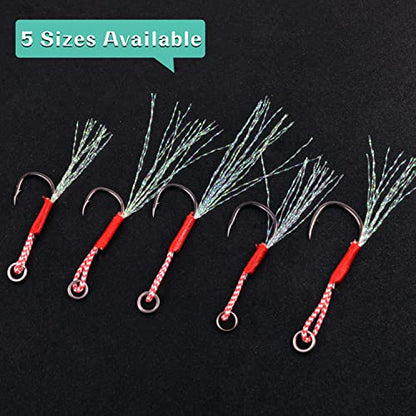 Fishing Assist Hooks Kit, 60pcs Stinger Jigging Assist Hooks Slow Pitch Jig Fishing Hooks Saltwater with Mylar Flash Teasers PE Line for Vertical Jigging Lures